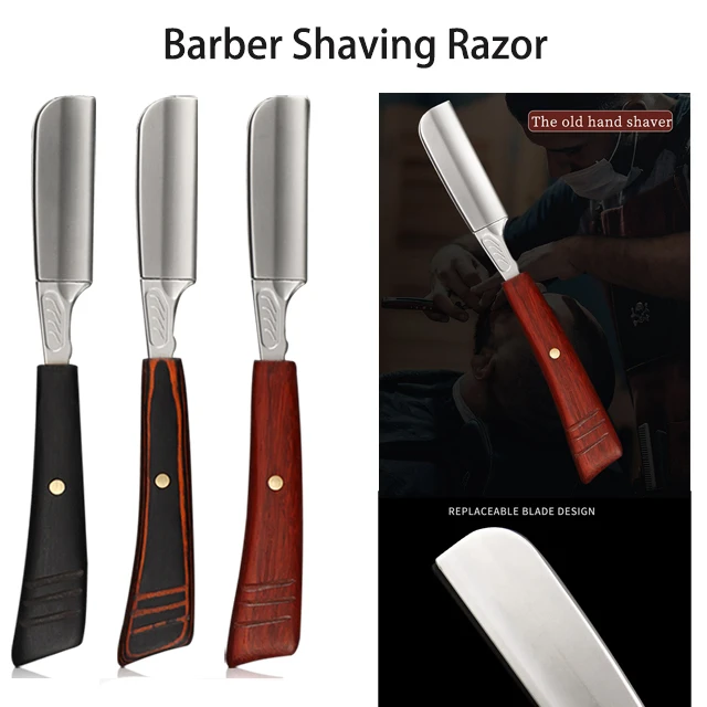 Custom Logo Classic Beard Shaving Straight Manual Razor Replaceable Metal Blade Wood Handle Hair Cutting Razor Holder For Beauty