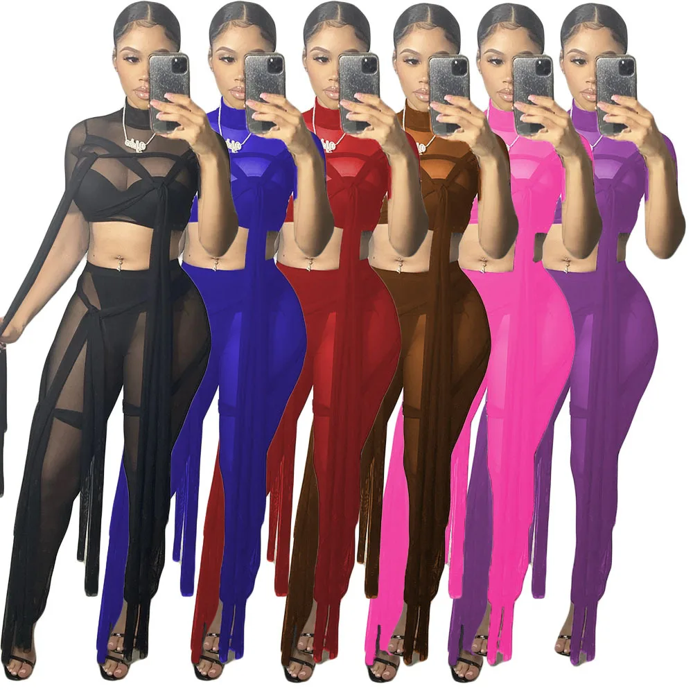 Sexy Women Mesh See-through Short Sleeve Bandage Half High Collar Sheath Elastic Mini Pants Summer