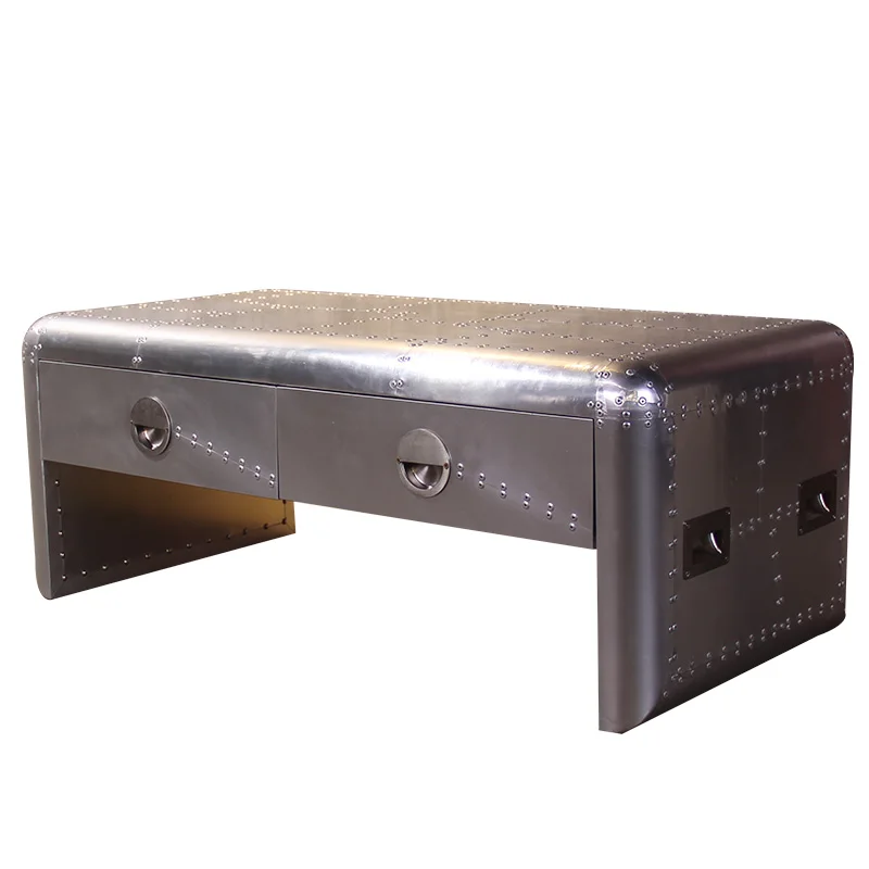 Europe style antique wooden retro Industrial aviation aluminium square coffee table