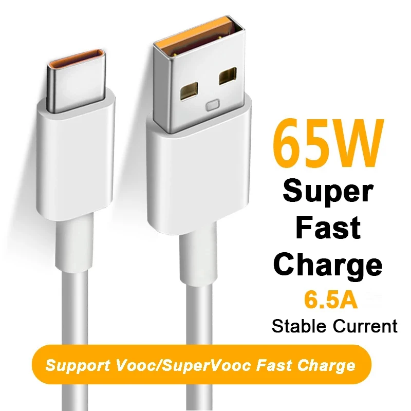 65W Super Flash VOOC USB C Fast Type c Charging Charger Cable Data Cable for OPPO