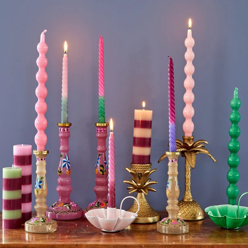 QIJIE Creative Art Column Wave Soy Wax White Cylinder Taper Candle Geometric Smooth Lines Striped Twisted Taper Candles Sticks