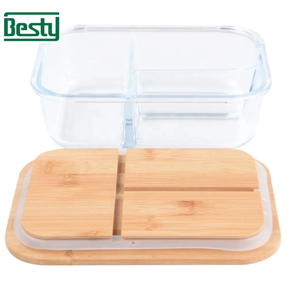 meal prep Bamboo Lid compartment Glass Food Storage container glass Lunch Box