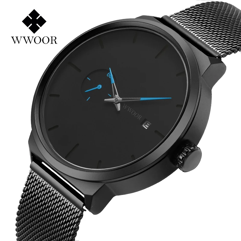 WWOOR из нержавеющей стали Кварцевые часы для мужчин горячая Распродажа модная синяя игольчатые с сетчатым ремешком мужские на каждый день спортивные наручные водонепроницаемые
