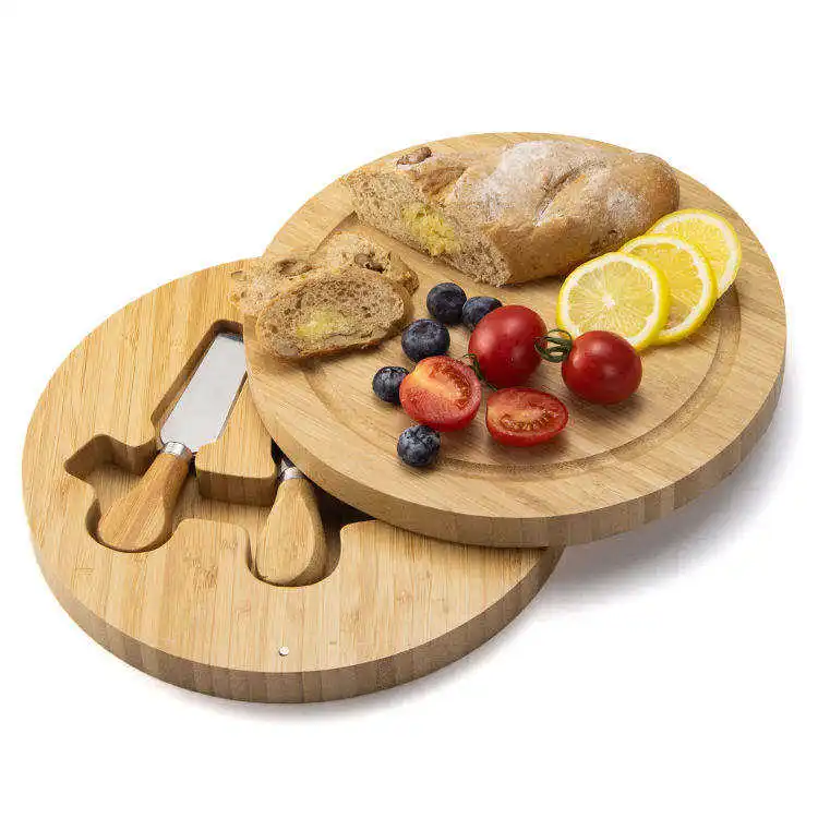 Wholesale Round Bamboo Cutlery Knife Set Cheese Cutting Charcuterie Board