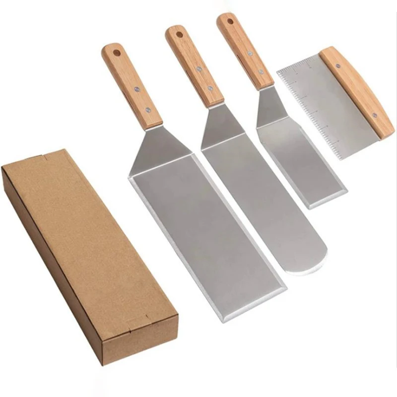 Baking Tools 4 Pieces Pizza shovel with wooden handle Griddle scraper for BBQ Grill burger turner spatula set