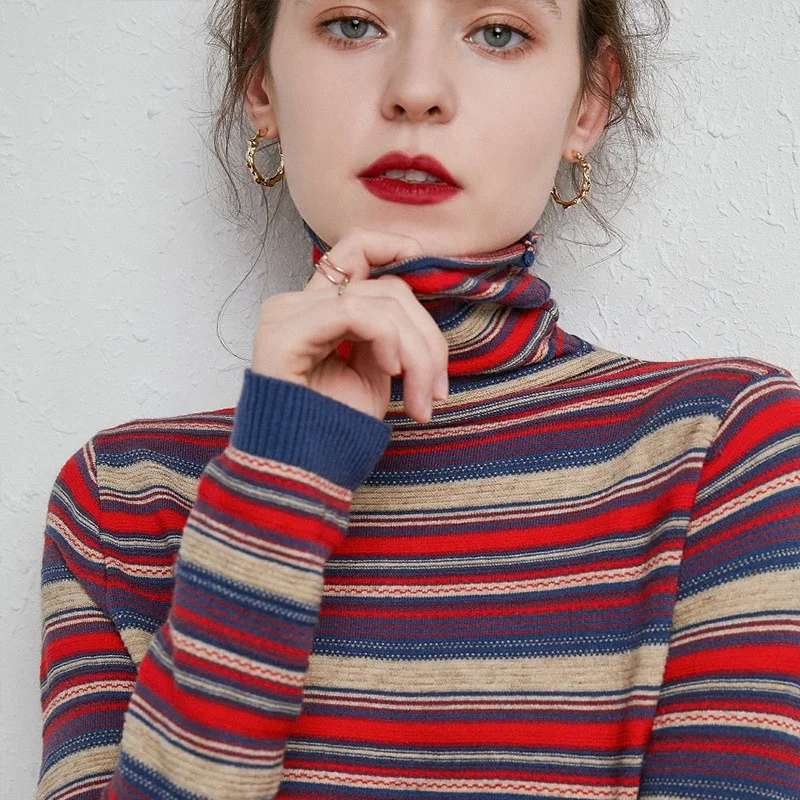 Hot Selling Stripe High Neck Autumn Winter Slim Long Sleeves Knit Pullover Sweater for Women