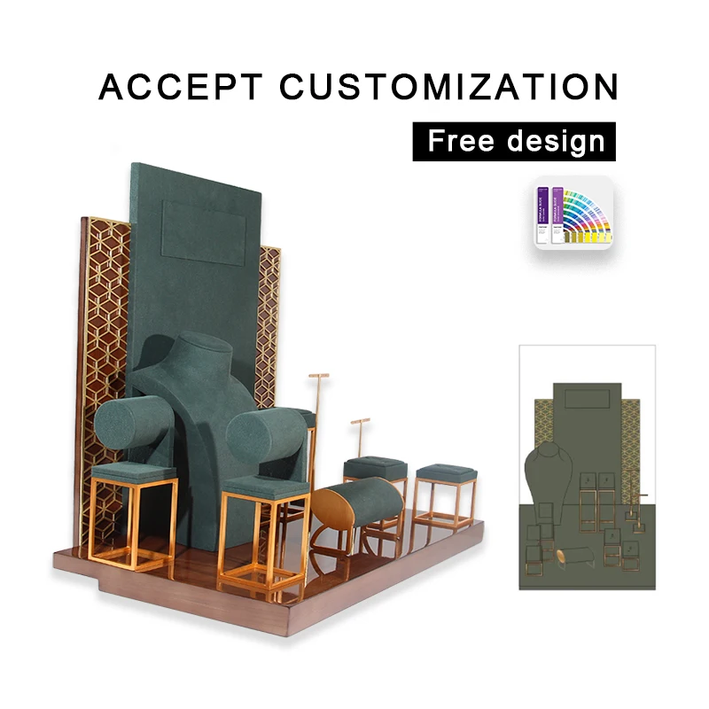 FSD New Design metal luxury jewelry display set microfiber bust and stand with base and background for Window cabinet showcase