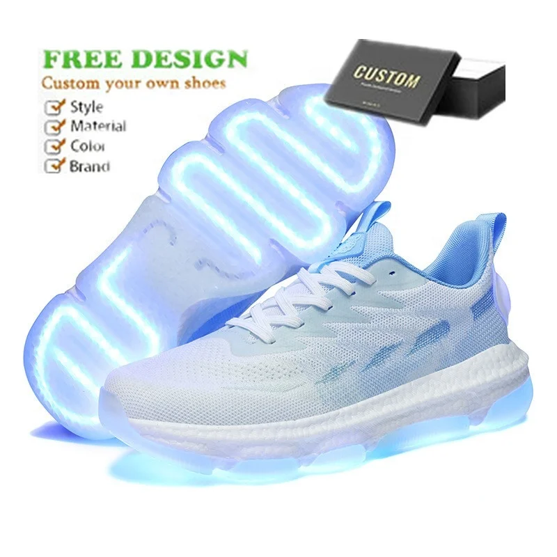 Wholesale fashion flight woven breathable shiny teenage student sneakers rechargeable light-emitting running shoes for kids
