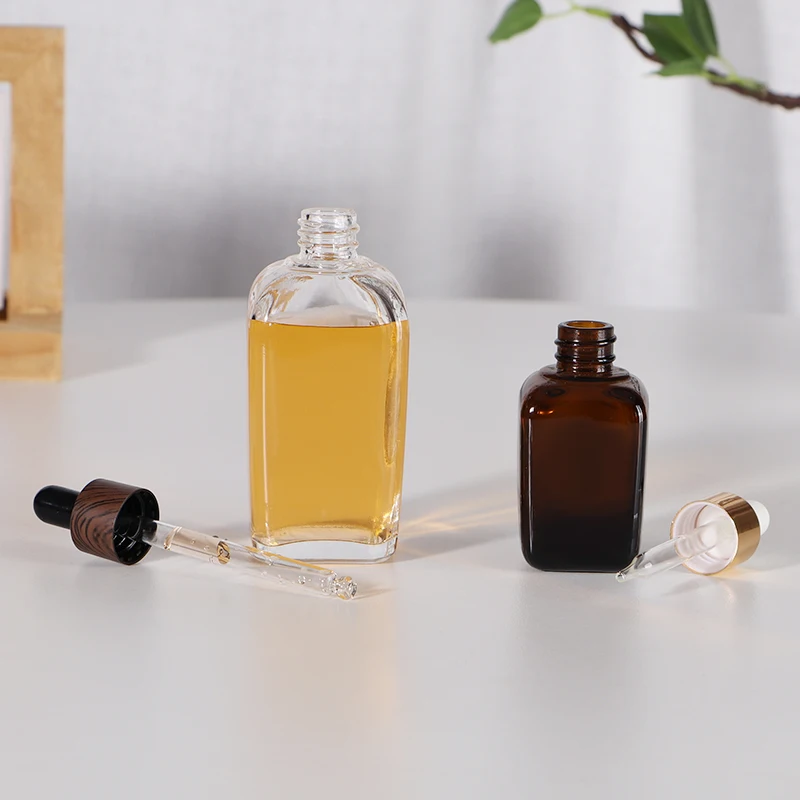 10 ml 30 ml 50 ml 100 ml empty amber brown square shape essential oil glass bottle with dropper pipette