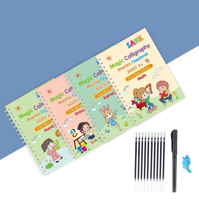 4pcs set Magic Practice Copybook with English Language Printing Reusable Children Calligraphy Copybook Activity Book
