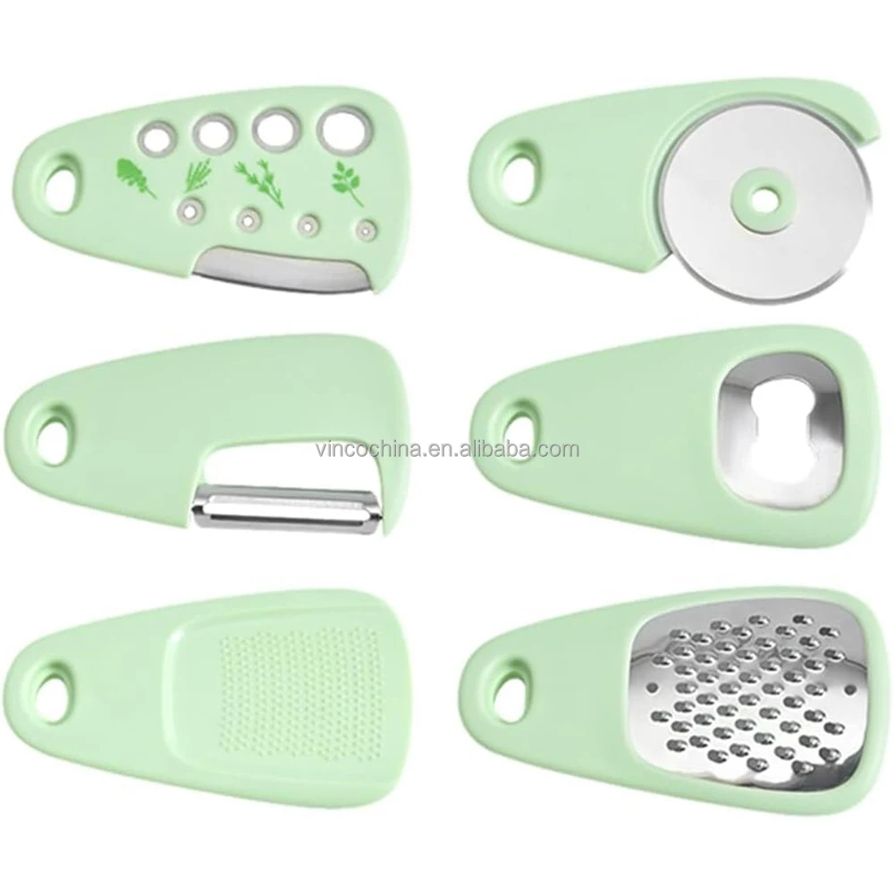 Kitchen Gadgets Set of 6 - Cheese Grater, Pizza Cutter, Bottle Opener, Vegetable Peeler, Garlic Mincer, Herb Stripper