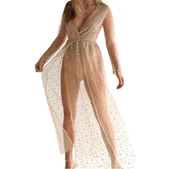 MAGICMK Guangzhou Women Clothes Deep V Transparent Sexy Night Dress For Girls Lady Frock Dress