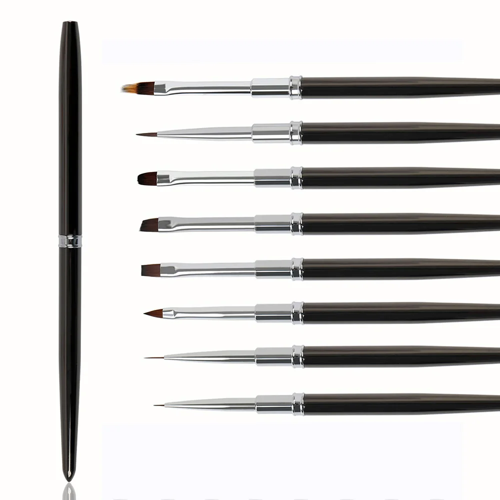 Nail Art Brush Set Supplies Grey Metal Handle Synthetic Nylon Liner Detail UV Gel Nail Art Brush