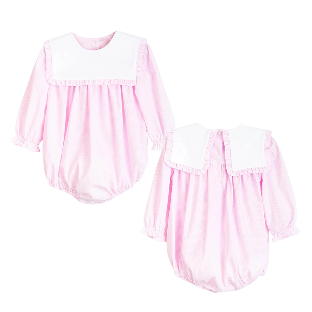 Personalized pink gingham bib baby girl bubble rompers autumn long sleeve toddler newborn girls babies clothes