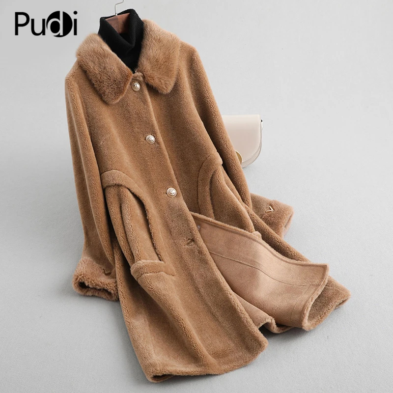 A19036 New Women Real Wool Fur Coat Genuine Mink Collar Casual  Jacket Real Fur Girl Coat Lady Fall Winter Warm Overcoat