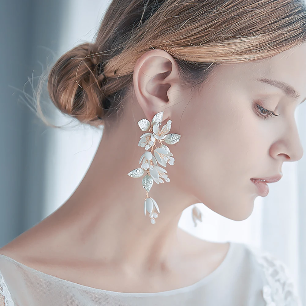 Handmade Bridal Gold Leaves Flower Clip Earring Wedding Statement Earrings Women