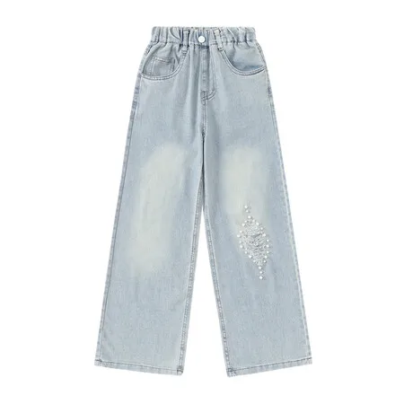 2024 New Summer Teenagers Girls Washed Blue Pearls Patched Jeans Big Girl Summer Thin Jeans 5-15 Years