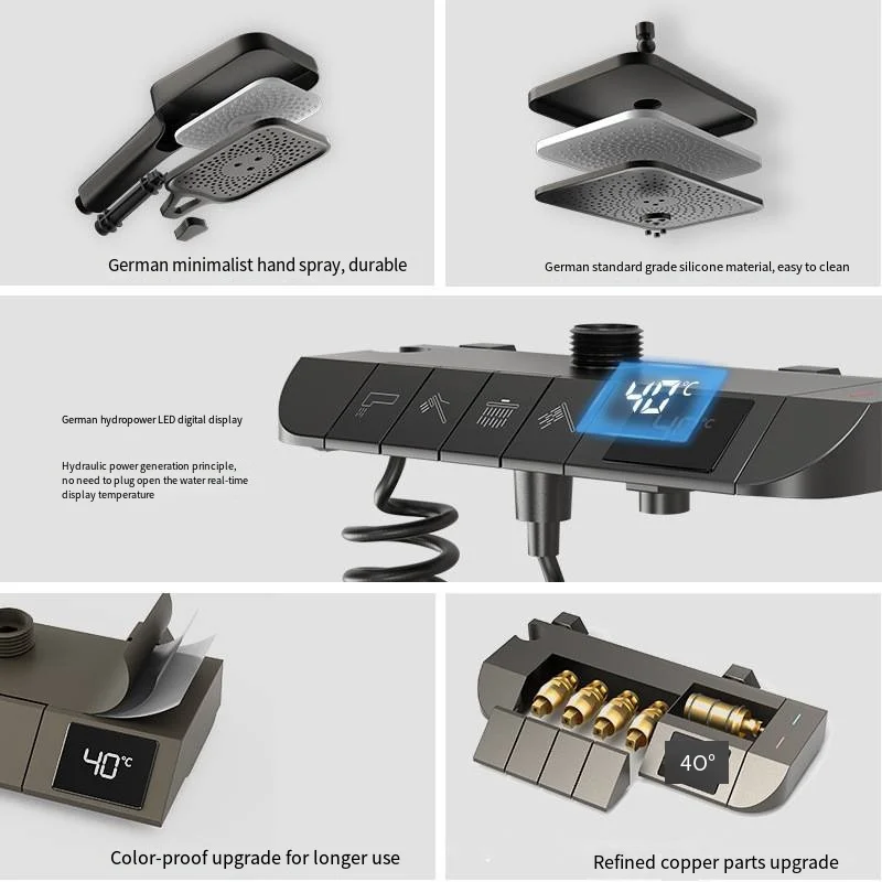 Black Gun Gray Copper Piano digital Shower Set 4 Functions Rainfall Shower Head Bathroom Shower rain System With Temperature