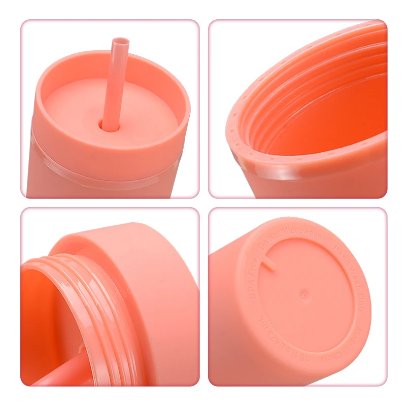 Wholesale Custom 16oz Double Wall Skinny Tumbler Reusable Cold Cup Plastic Acrylic Tumbler with Straw and Lid