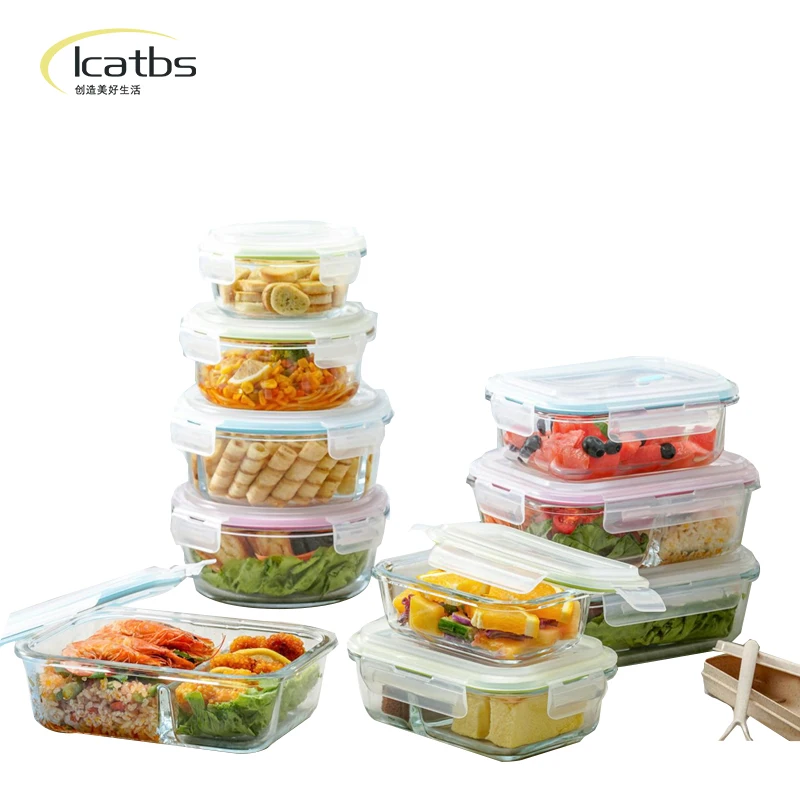 
2020 Hot Sale High Borosilicate Pyrex Round Rectangular Sealed Unbreakable Microwave Glass Fresh Lunch Box Bag Set With PP Lid 