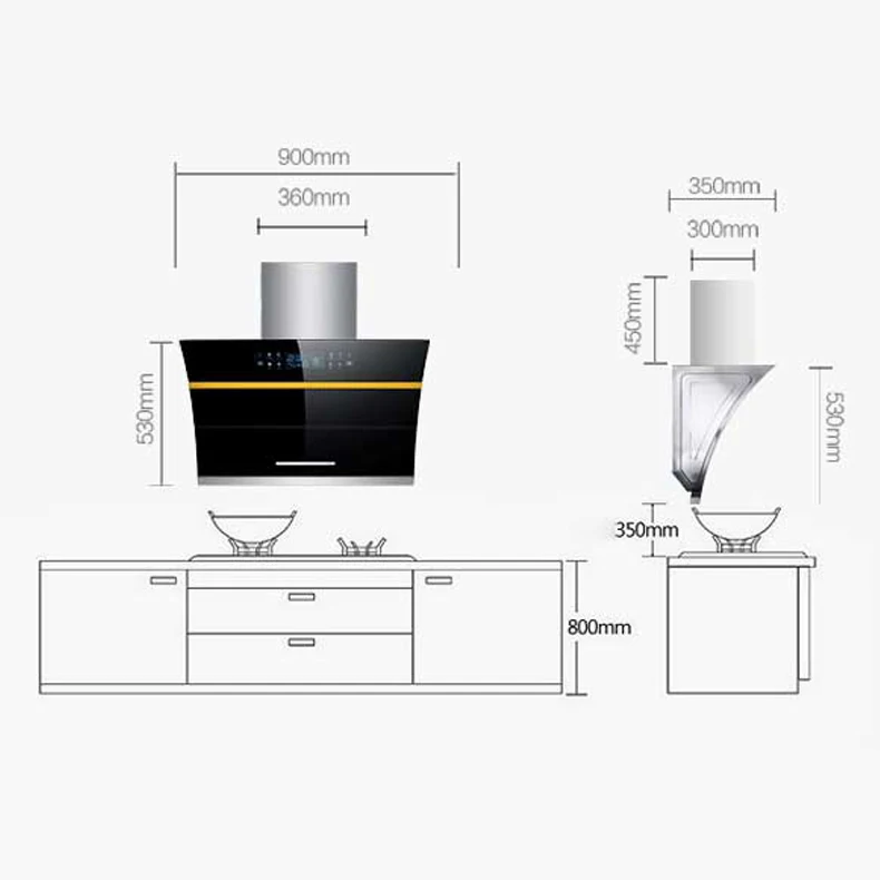 Wall mounted 36 inch kitchen hood smoke extractor fan 24 double suction black modern Infrared Sensor Switch Smart Range Hood