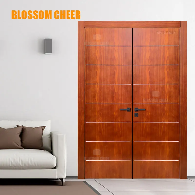 Modern Wood Veneer With Frame Interior Front Manufacturer Home Mdf Paint Double Entry Wooden Factory Room Door Natural Wood