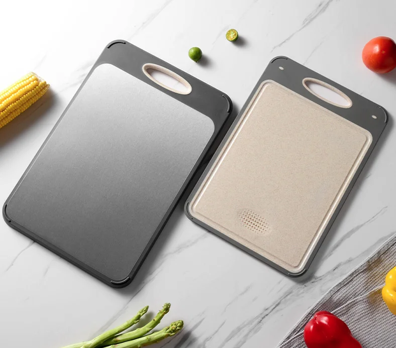 Easy to Clean Double-Sided Cutting Board 304 Stainless Steel Cutting Board and Wheat Straw Large Chopping Board for Kitchen