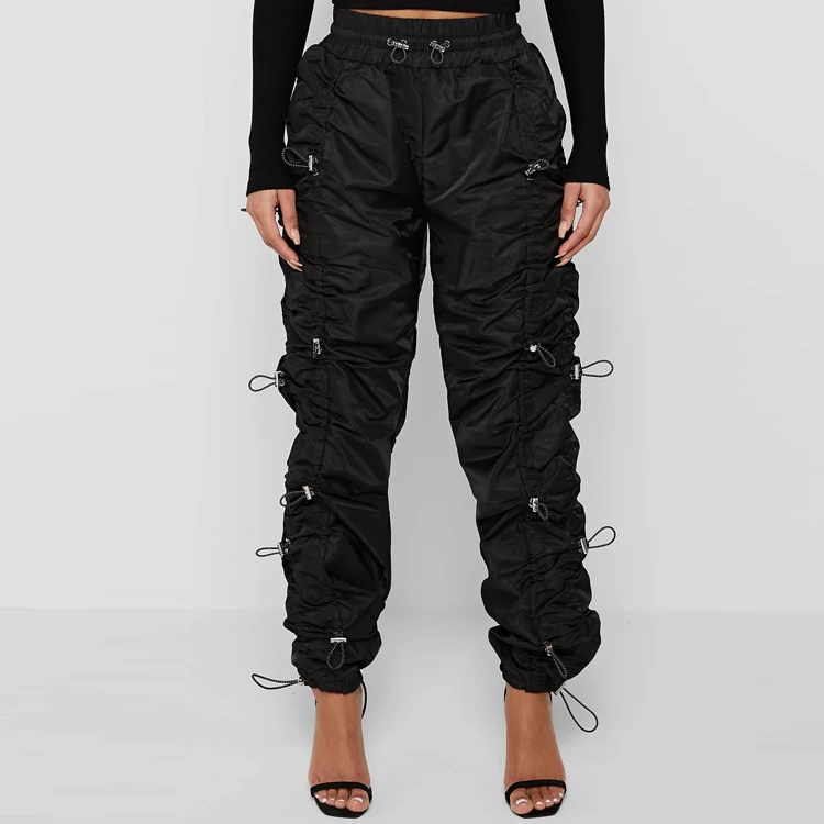 2023 Fashion Hip Hop Nylon Bungee Ruched Track Sport Black Long Stacked Cargo Pants Women