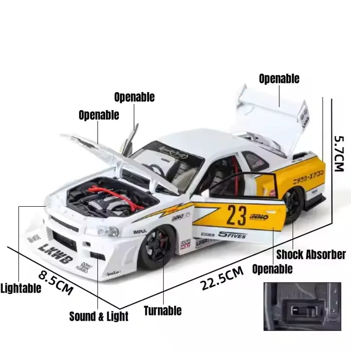 1/24 Nissan GTR R34 Skyline LBWK FDJ Silvia S15 JDM Diecast Metal Race Toy Car Model Pull Back Sound Light Collection Gift Boys