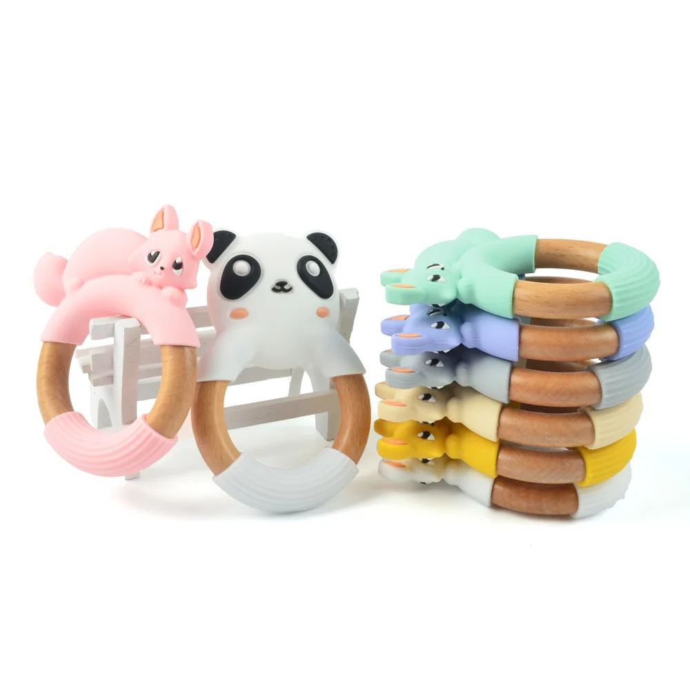Wholesale Eco-friendly Non-toxic Panda Fox Wooden Ring Anti-eating Hand Wear-resistant Drop-resistant Baby Silicone Teether