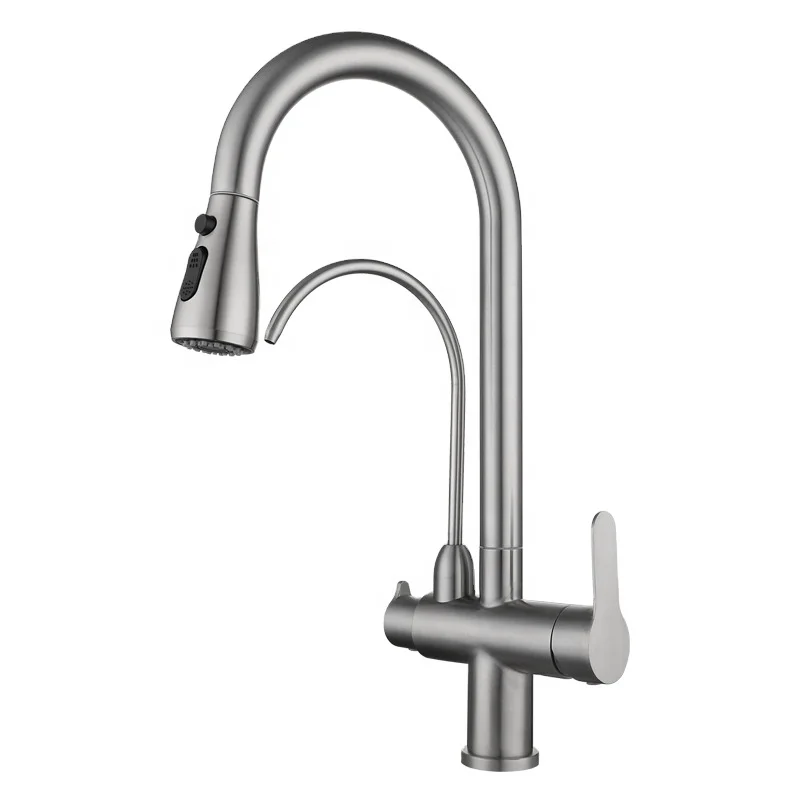 Single Hole Double Handle Kitchen Faucet 304 Stainless Steel Brushed Nickel Double Outlet Kitchen Sink Faucet