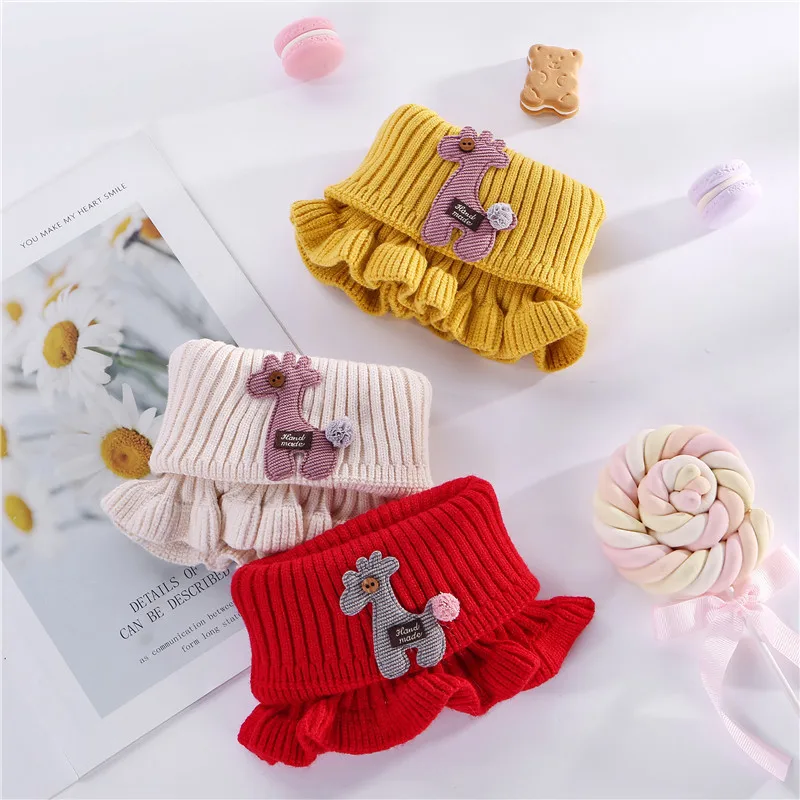 Baby Knitted Scarf Cartoon Giraffe Ruffle Neck Girls Kids Warm Scarves Collar Circle Outdoor Winter Scarfs