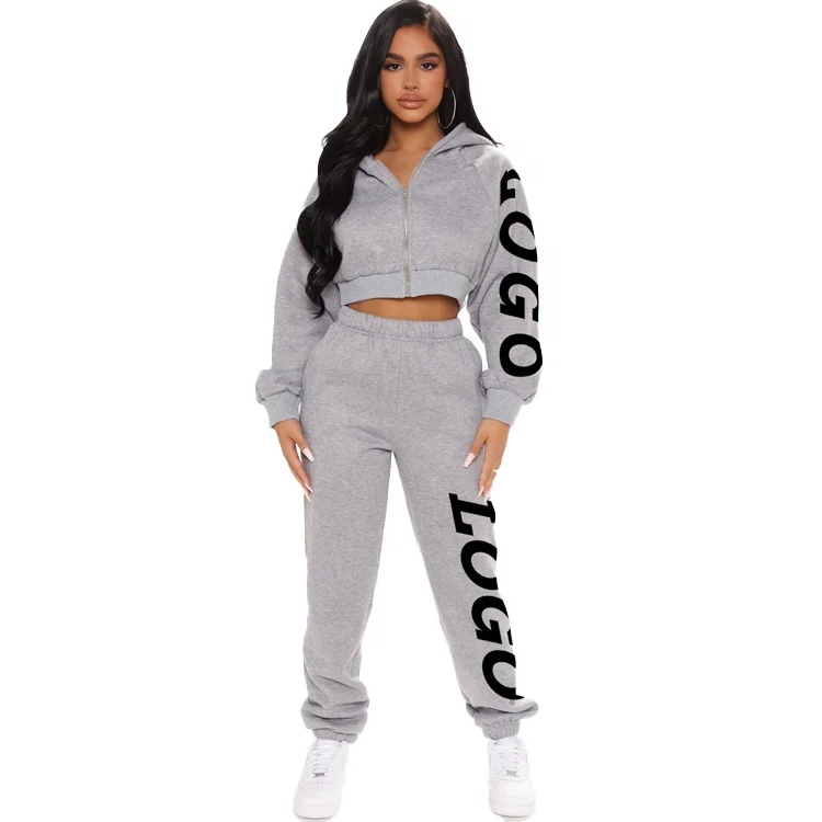 Custom LOGO Fall Casual Long Sleeve Zipper Hoodie  Sweatpants 2 Piece Solid Crop Top Women Clothing Sport Two Piece Set