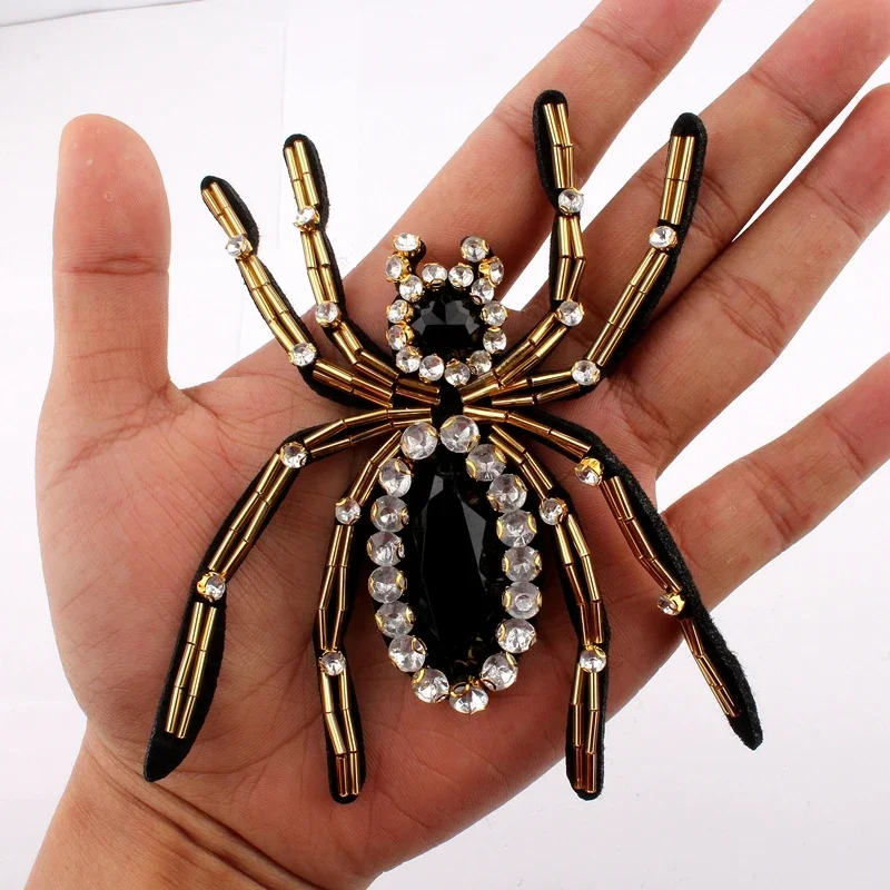 11CM*9CM Handmade Stick Insect Rhinestone Applique For Hair Accessories Sew on Beaded 3D Spider Patches For Headbands