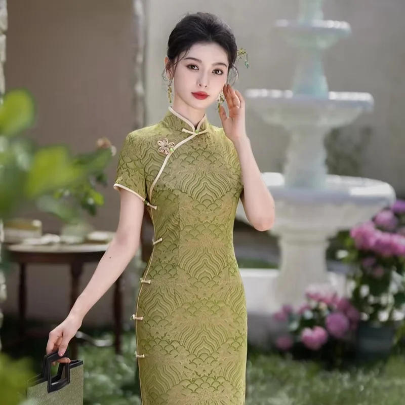 Spring Chinese Traditional Qipao Elegant Retro Women  Cheongsam Long Qi Pao Dresses