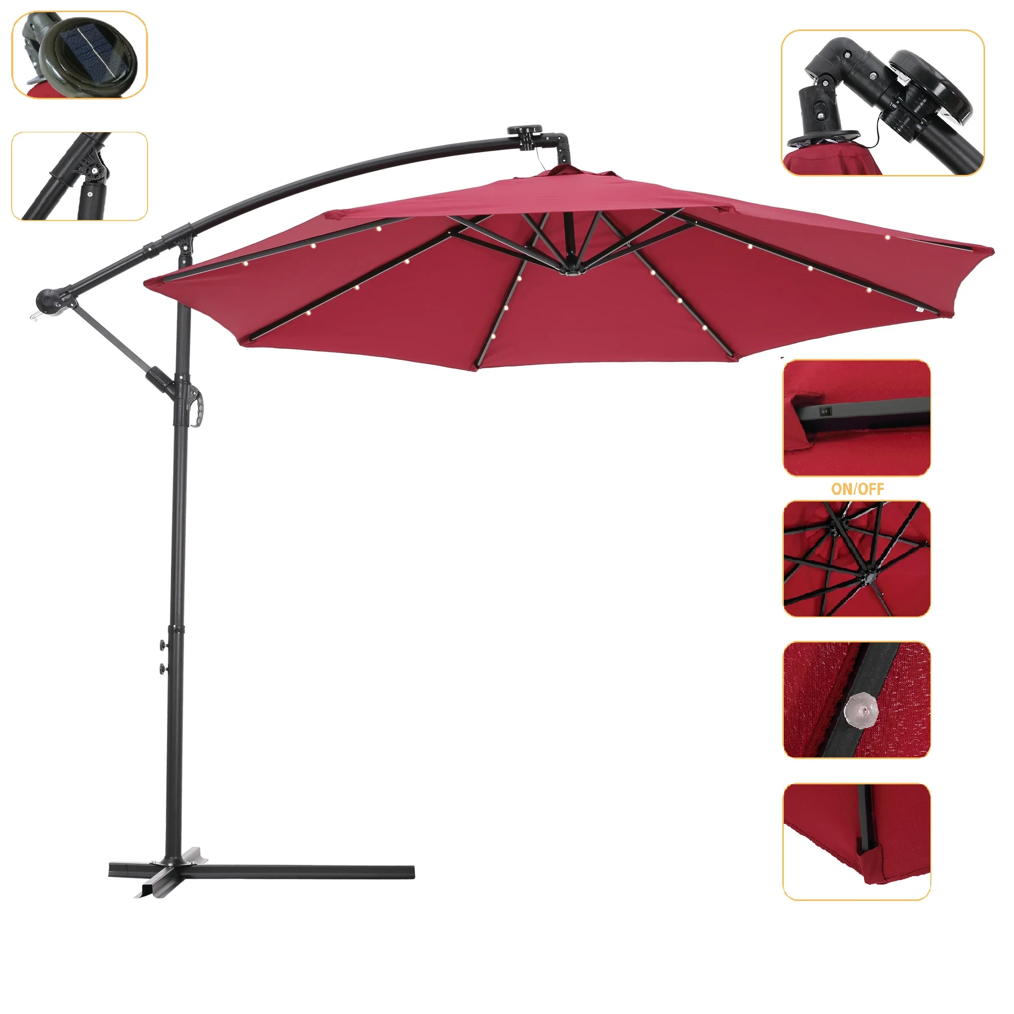
10 FT Solar LED Patio Outdoor Umbrella Hanging Cantilever Umbrella Offset Umbrella Easy Open Adustment with 24 LED Lights 