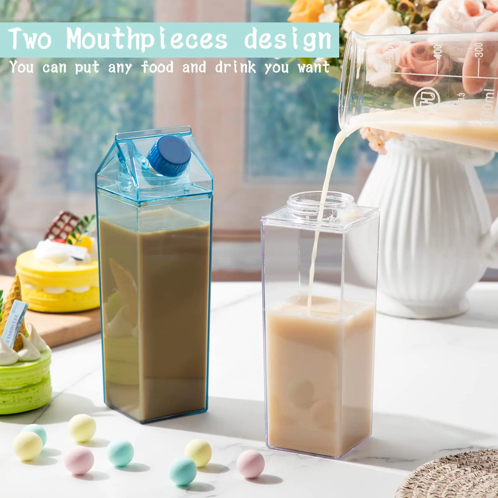 500/1000ML Clear Milk Carton Water Bottles Bulk Plastic Square Milk Bottles Portable Reusable Milk Box Leakproof Cup for Outdoor