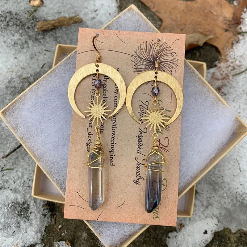 Celestial Quartz earrings Moon and Star Rising Crescent Bohemian goddess earrings for Female semi-precious nature stone jewelry