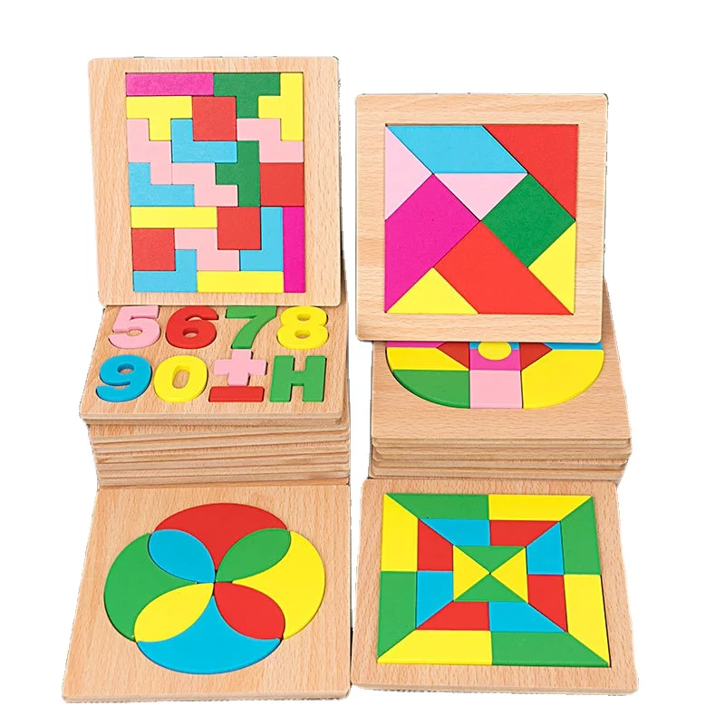 Custom Children Wooden Tangram Geometric Shape Jigsaw Puzzle Montessori Education Teaching Aids Toys For Kids