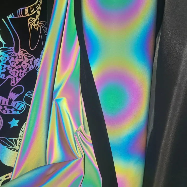 Wholesale Rainbow Reflective Fabric Spandex Polyester Iridescent Reflective Fabric for Fashion Clothing or Jacket