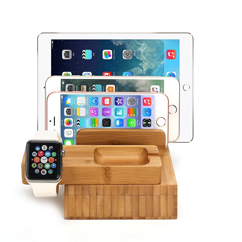 
4 in 1 Multi Function Desktop Charging Dock Bamboo Phone Stand Charge Dock Holder with 4 USB Ports 
