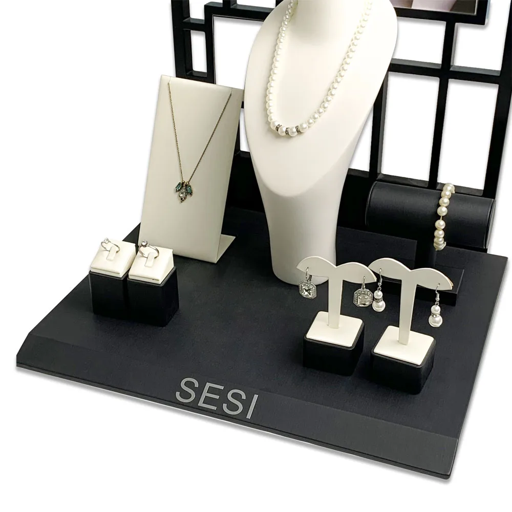 SESI Classic Vintage Window Jewelry Display Set For Earrings Ring Necklace Display Stand Set With Lacquer Painting