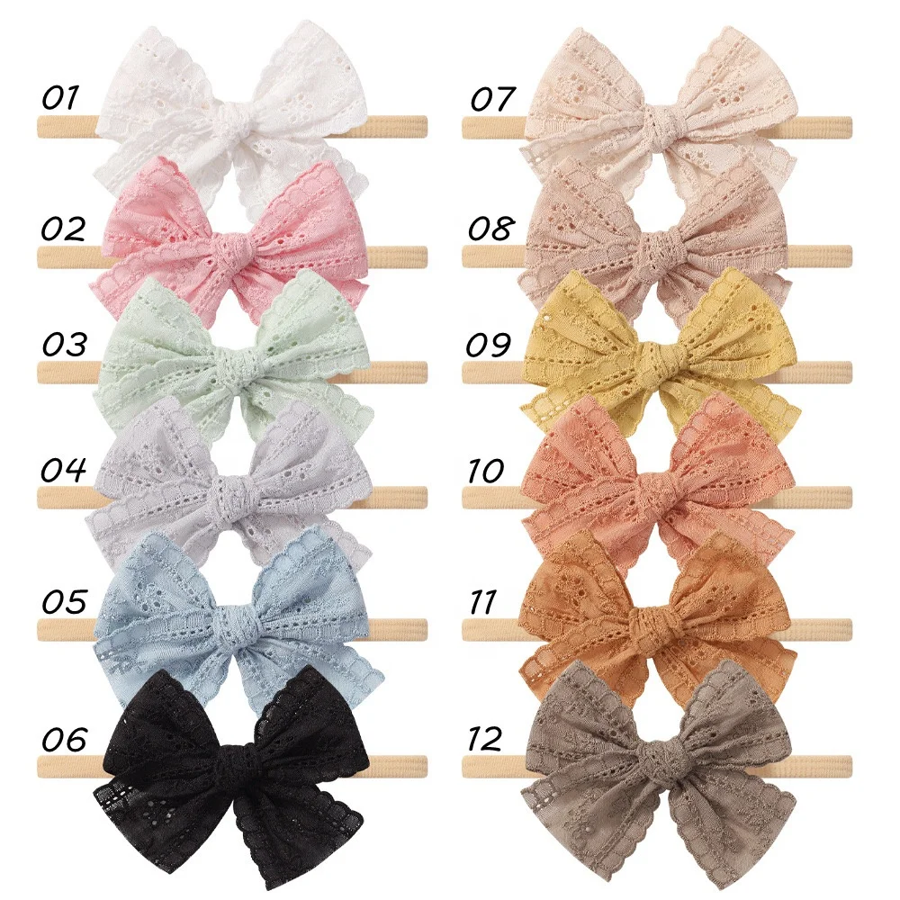 Newborn Lace Solid Floral Eyelet Cutout Pink Heather Yellow Mint Coral Peach Aqua Soft Cotton Embroidery Eyelet Fabric Bow