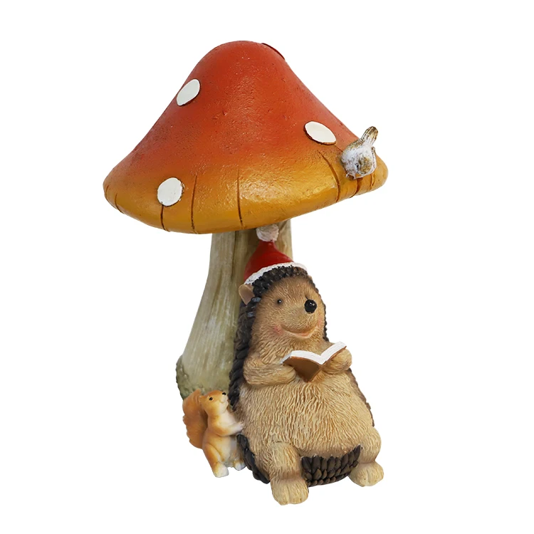 Cute Hedgehog lying mushroom reading book Garden Polyresin Animal Sculpture Resin hedgehog figurine