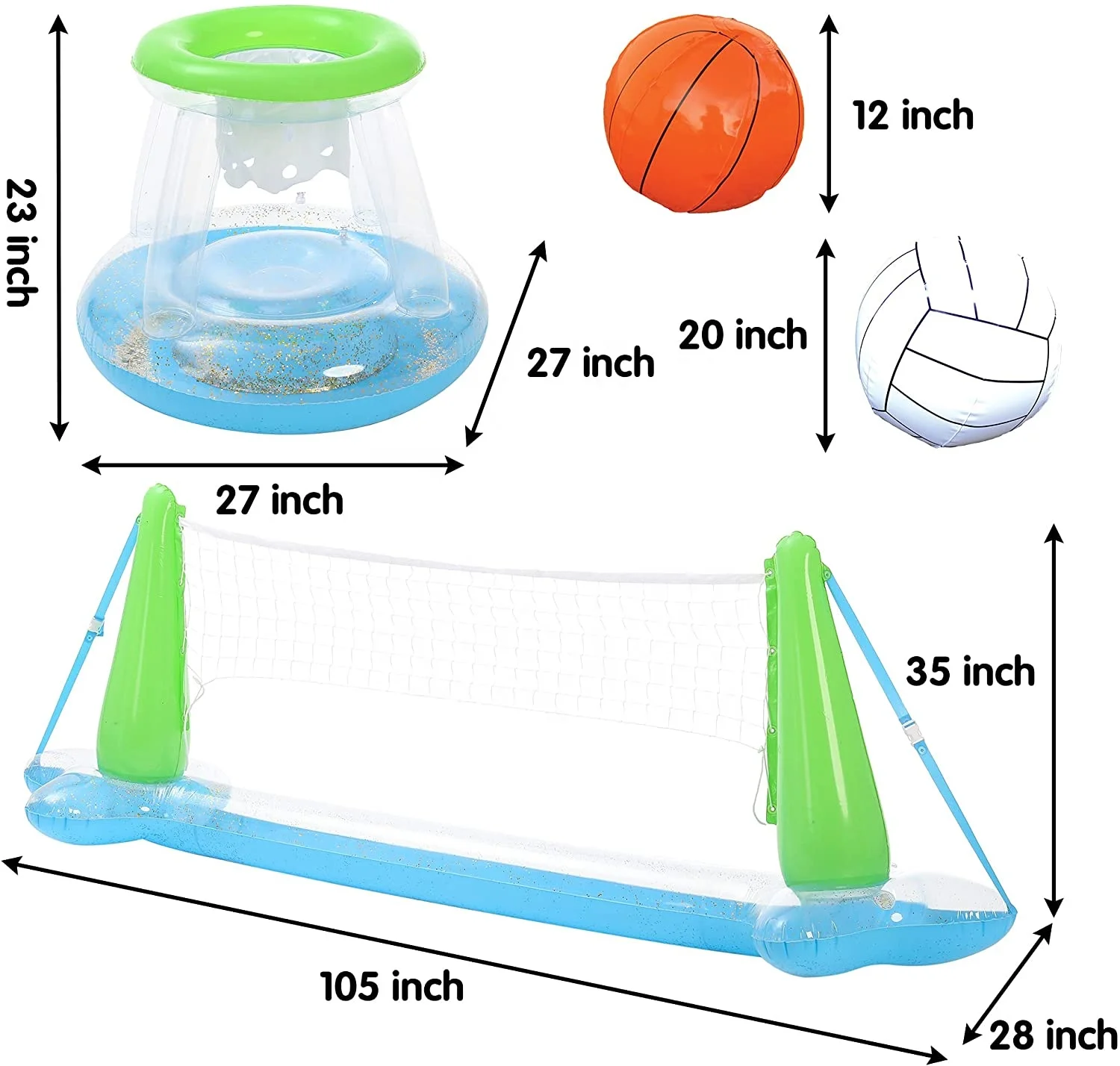 Inflatable Pool Volleyball Set & Pool Basketball Hoop; 2 Balls Included, Pool Games for Adults and Family