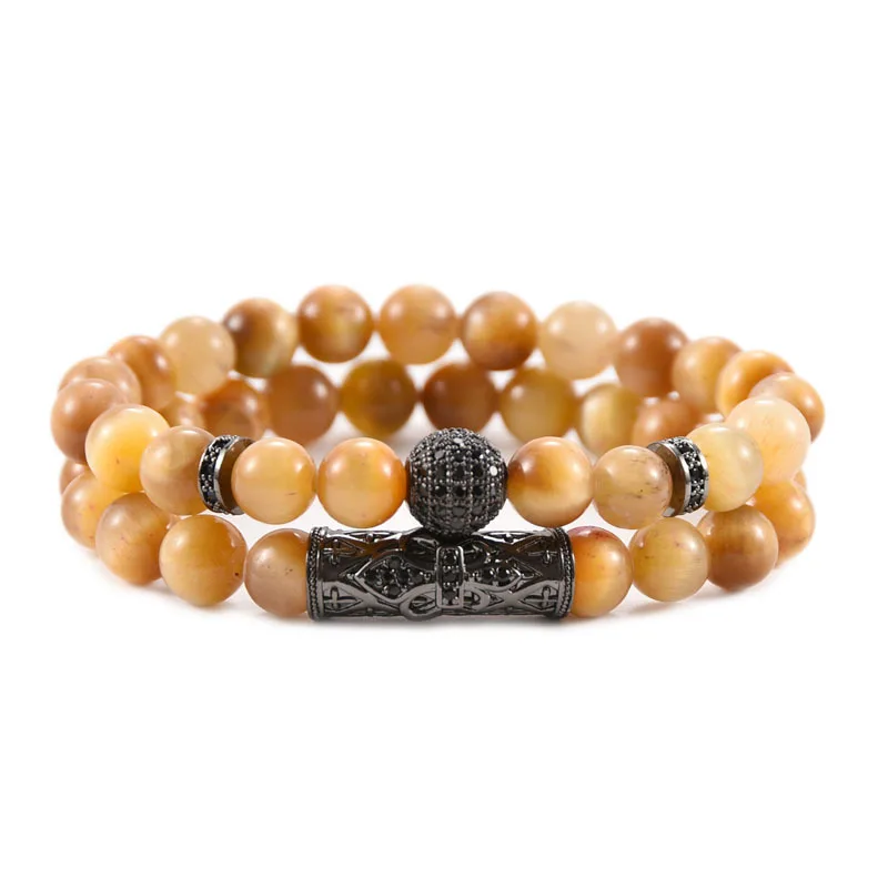 European Handmade Luxury 2Pcs/Set Elastic 10mm Micro Pave CZ Ball Natural Purple Tiger Eye Stone Beaded Bracelet Set