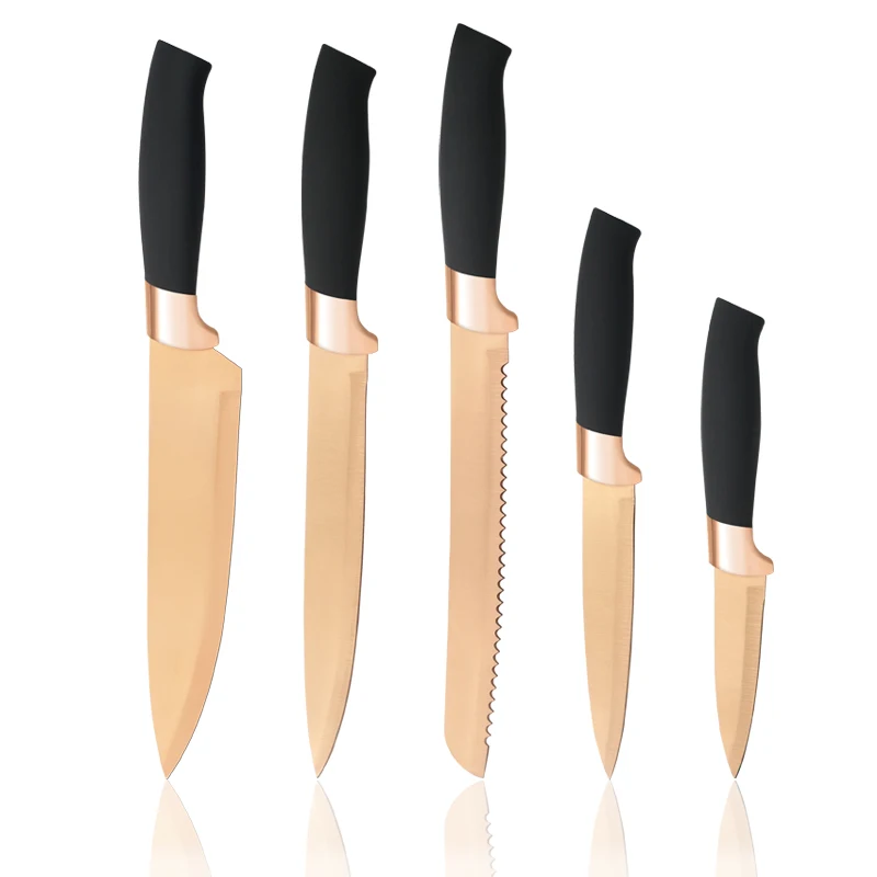 knife manufacturer most popular colorful 5pcs Rose Gold Titanized blade stainless steel design kitchen knife sets