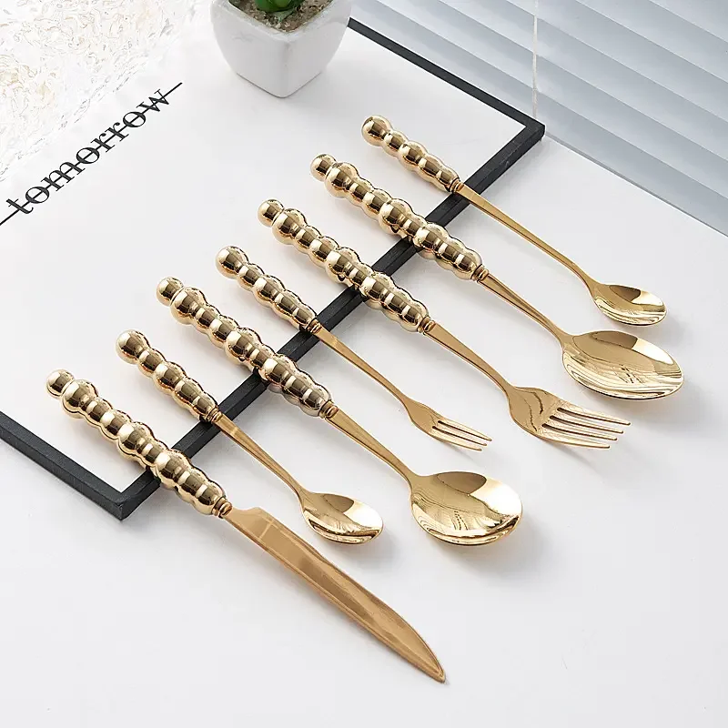 Western Ceramic Pearl Handle Cutlery Set Stainless Steel Spoon And Forks Golden Knives Utensils