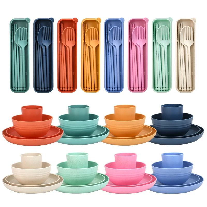 Pure Color Environmental protection Wheat Straw Cutlery Portable Five Piece Dormitory Fashion Dish Set for Student