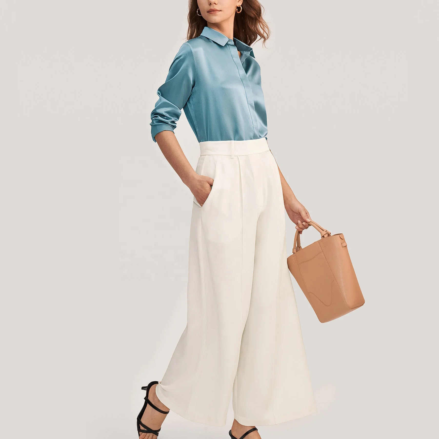 Custom High Quality Elegant Ladies Satin Shirt Top Long Sleeveless Silk Blouses For Women